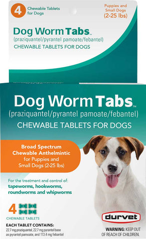 Durvet - Dog Worm Tabs Chewable Tablets - Puppies and Small Dogs (2-25 lb.) - 4 count