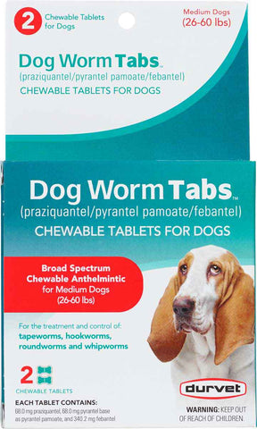 Durvet - Dog Worm Tabs Chewable Tablets - Medium Dogs (26-60 lb.) - 2 count