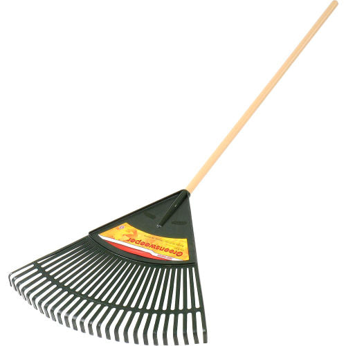 A Green Leaf Rake Lying On A Row Of Kraft Paper Leaf Bags Stock